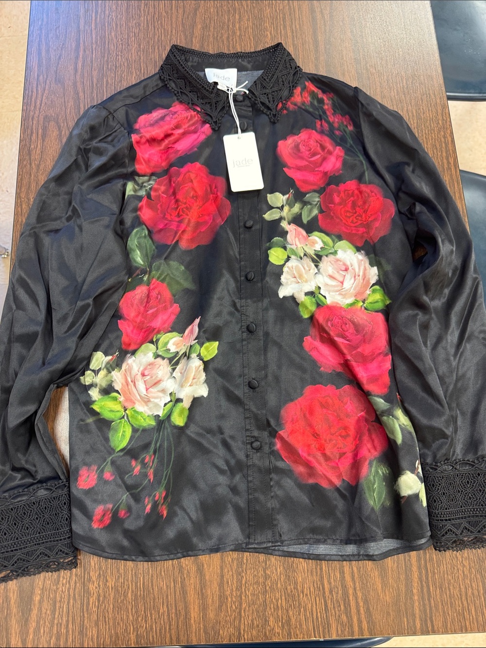 Jade Black Satin Floral Blousewith Red & Pink Roses